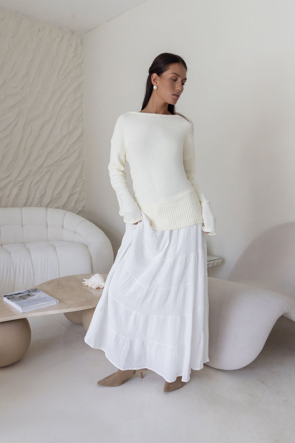 Sugar Petal Off Shoulder Knit Sweater White